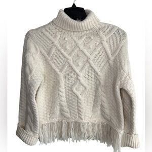 Aqua Fringe Sweater Large Chunky Cowl Neck Ivory Cable Knit Blogger Favorite NEW